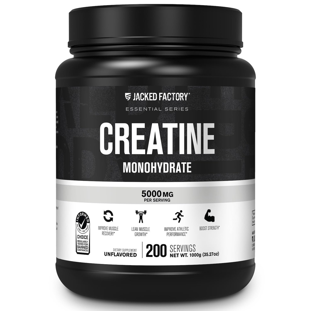 Funda de Monohidrato de Creatina Jacked Factory 1000g - 5g Suplemento diario de Creatina para Hombres y Mujeres, Vegan-Friendly, Terceros Tested - 200 Servings, Desflavored