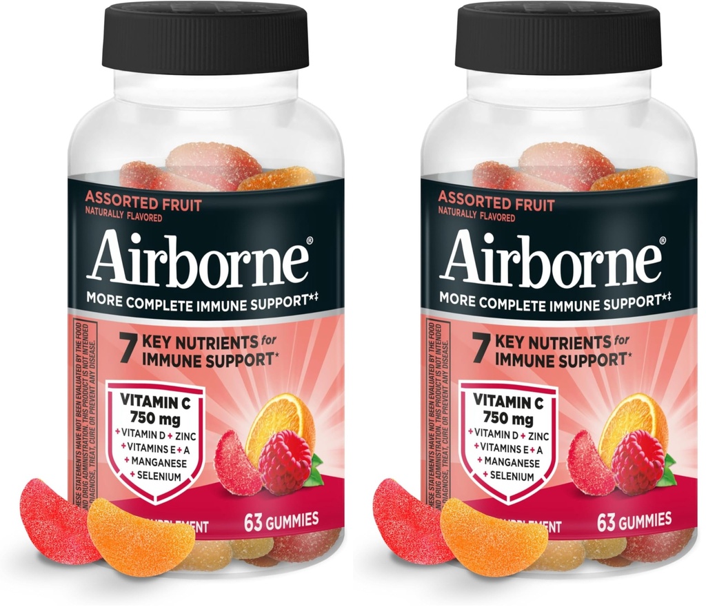 Airborne Vitamin C 750mg (per Serving) - Assorted Fruit Gummies (63 Count in a Bottle), Gluten-Free Immune Support Supplement with Vitamins C E, Selenium (Pack of 2)