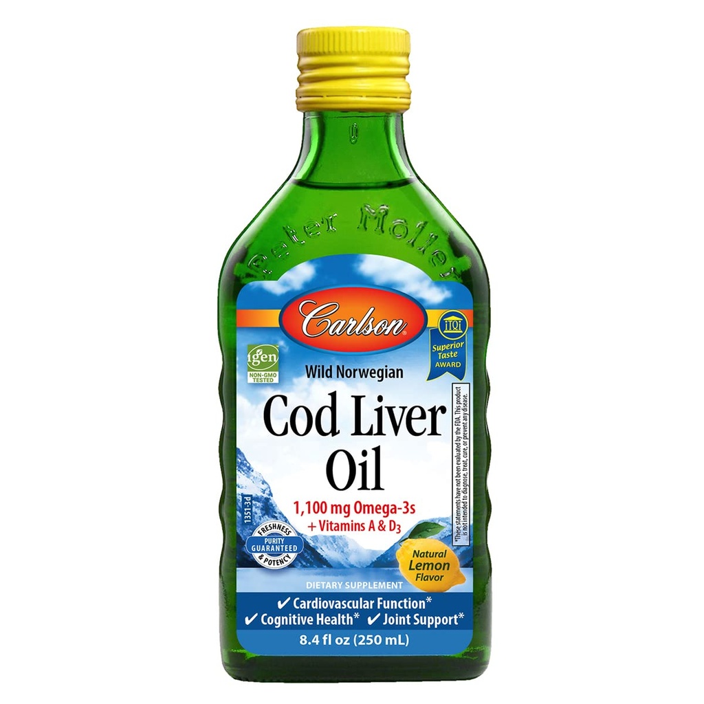 Carlson - Cod Liver Oil, 1100 mg Omega-3, Liquid Fish Oil Supplement, Wild-Caught Norwegian Arctic, Sustentably Sourced Nordic Liquid, Lemon, 250 ml