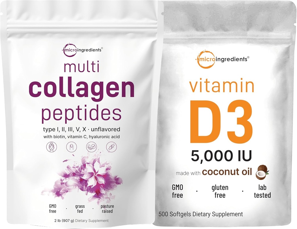Micro Ingredientes Multi Collagen Protein Powder 2lbs & Vitamina D3 5,000 IU Bundle Pack ← Peptides Collagen Grass-Fed