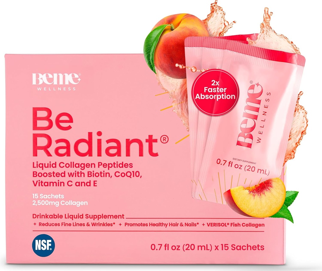 BeMe BeRadiant Líquido Collagen Peptide for Hair, Skin & Nails with 2X Faster Absorption – Testado clínico – 2500mg Verisol Hidrolyzed Collagen Suplementos para Mujeres con Biotina, CoQ10 & Vitamina C
