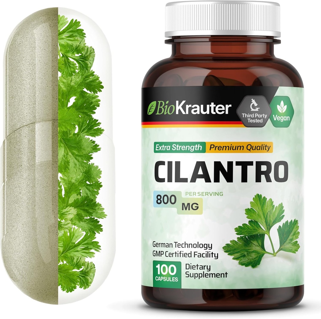 BIO KRAUTER Cilantro Capsules - 800 mg 100 pcs - Vegan & Puro Cilantro Suplemento para la rica Fuente de Antioxidantes y Limpieza Natural " Detox - No Fillers, Non-GMO - 25 días de suministro