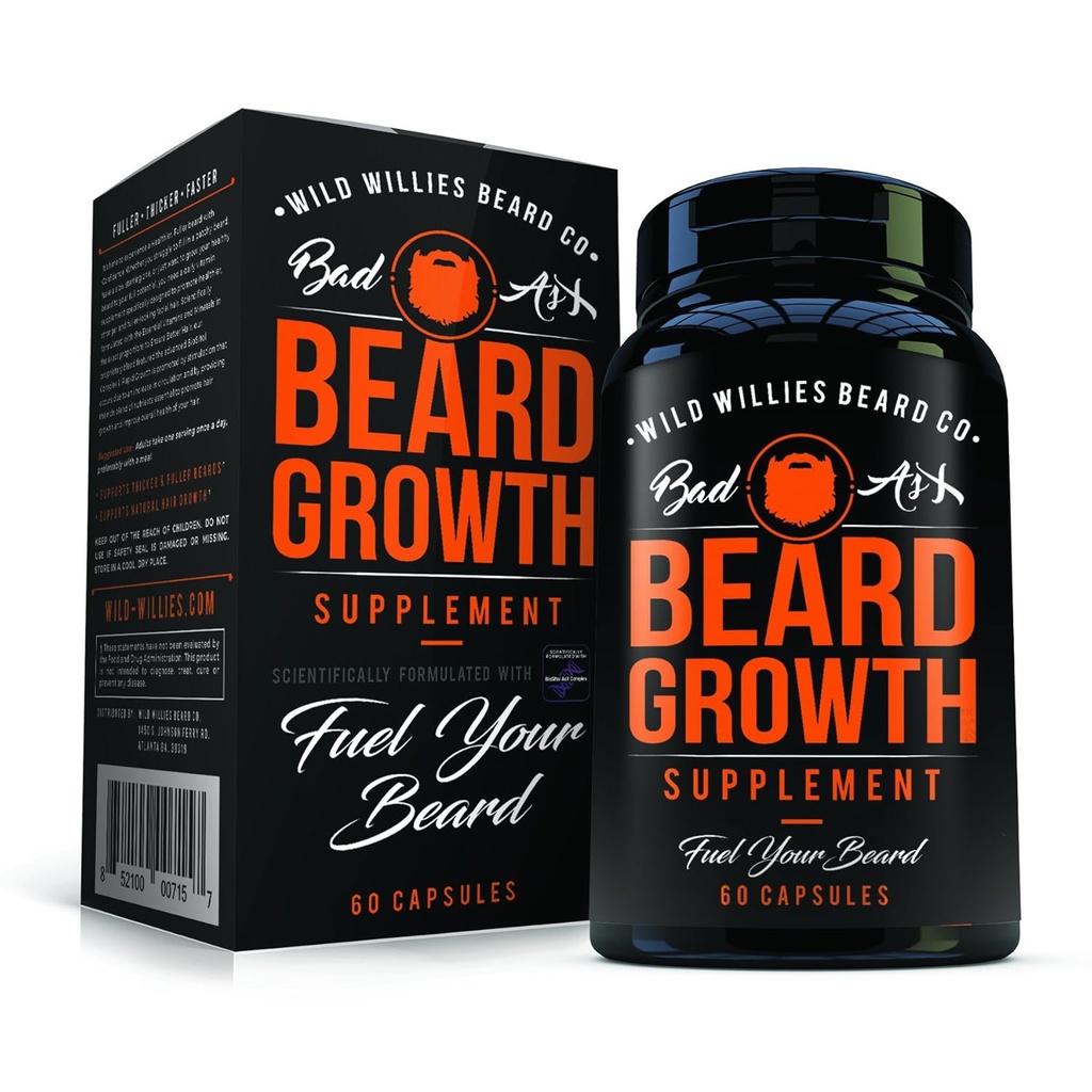The Manskape Co Beard Growth Vitamins for Men by Wild Willies - Naturalmente más rápido crecimiento del cabello - 60 cápsulas con Biotina - Crece un tirón, barba completa y bigote hoy