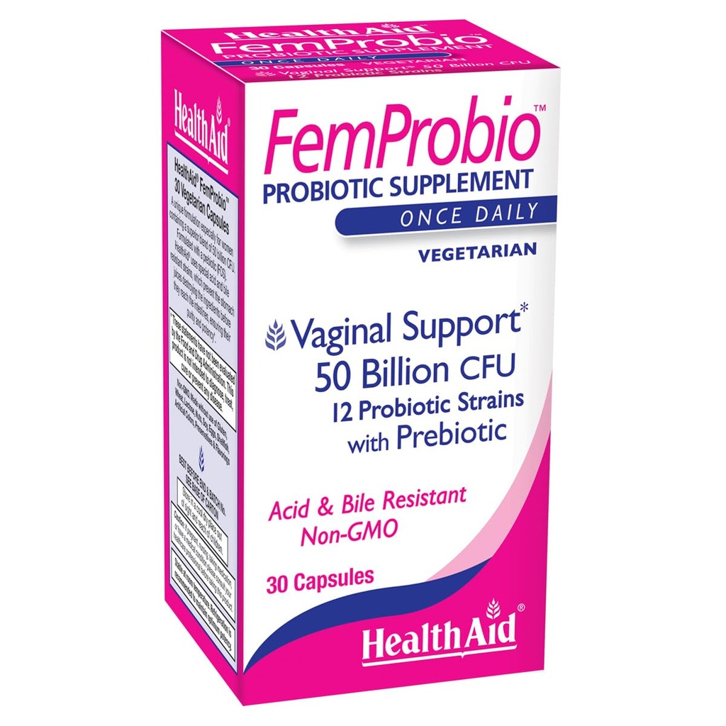 HealthAid FemProbio – Once-Daily Probiotic with Prebiotic Fiber TEN 50 Billion CFU TEN 30 Vegetarian Capsules ANTE Acid " Bile Resistant, Lactose, Gluten " GMO-Free