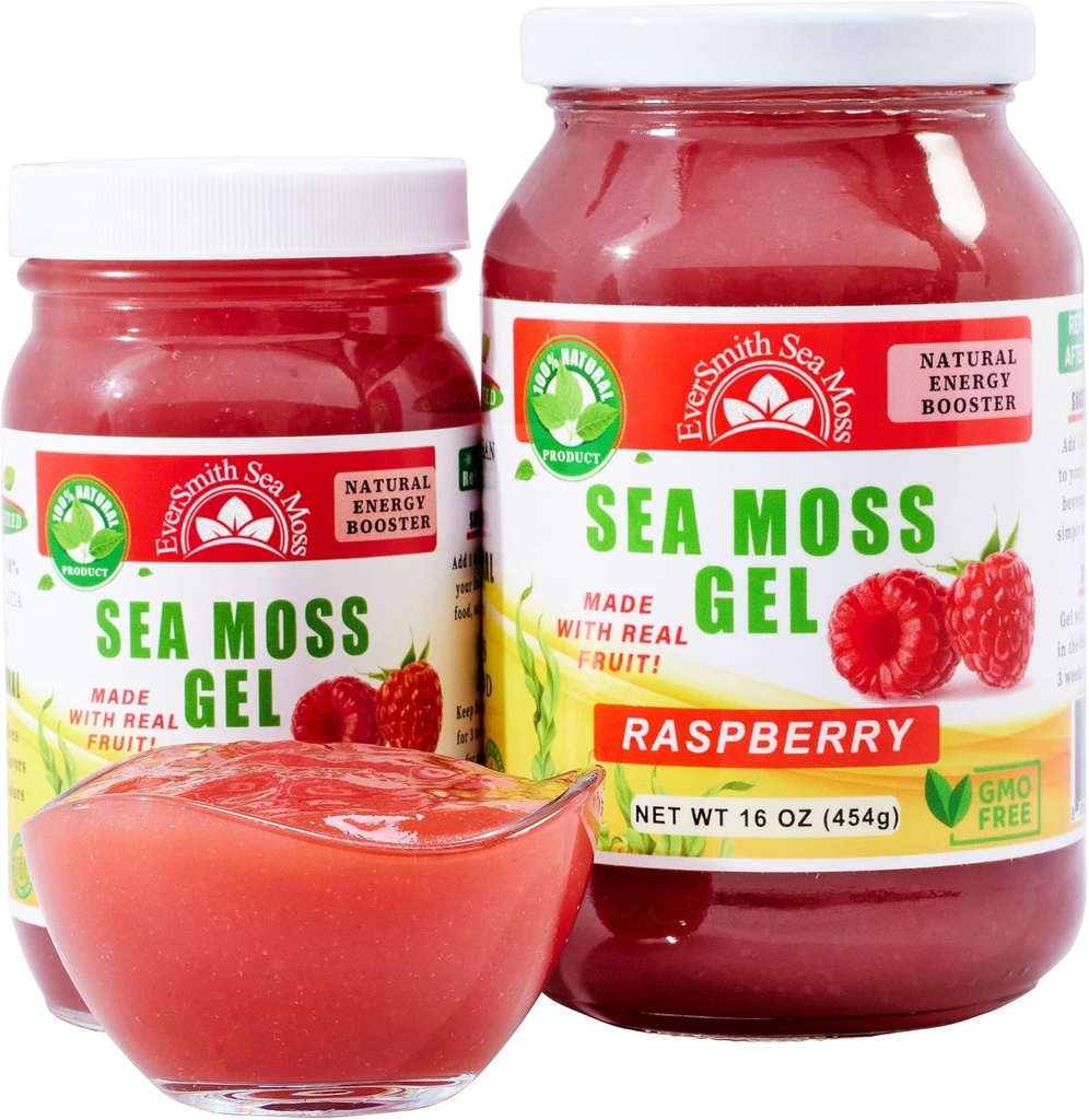 Wildcrafted Irish Sea Moss Gel ← Hecho en EE.UU. Silencio Sea Moss Gel Raw ← Suplemento Nutricional TENIDO Raspberry (16 oz)