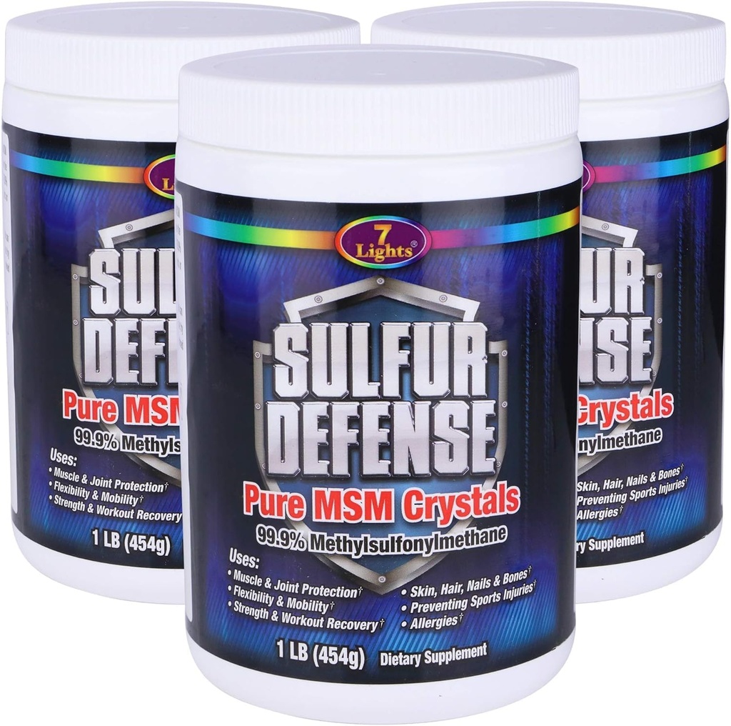7 Lights Sulfur Defense Opti-MSM 99.9% Pure MSM Powder ¦ Suplemento dietético para las articulaciones, Skin &amp; Immune Support – Methylsulfonylmethane orgánico, Vegan, No Gluten-Free – Hecho en EE.UU (3 x 1 LB)