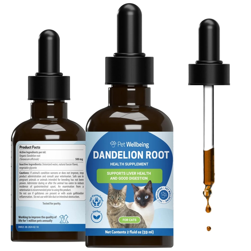 Mascotas de bienestar Dandelion Root for Cats - Salud del hígado, Función Digestiva, Apoyo al azúcar en sangre, Orgánica certificada - Suplemento Herbal Formulado Veterinario 2 oz (59 ml)
