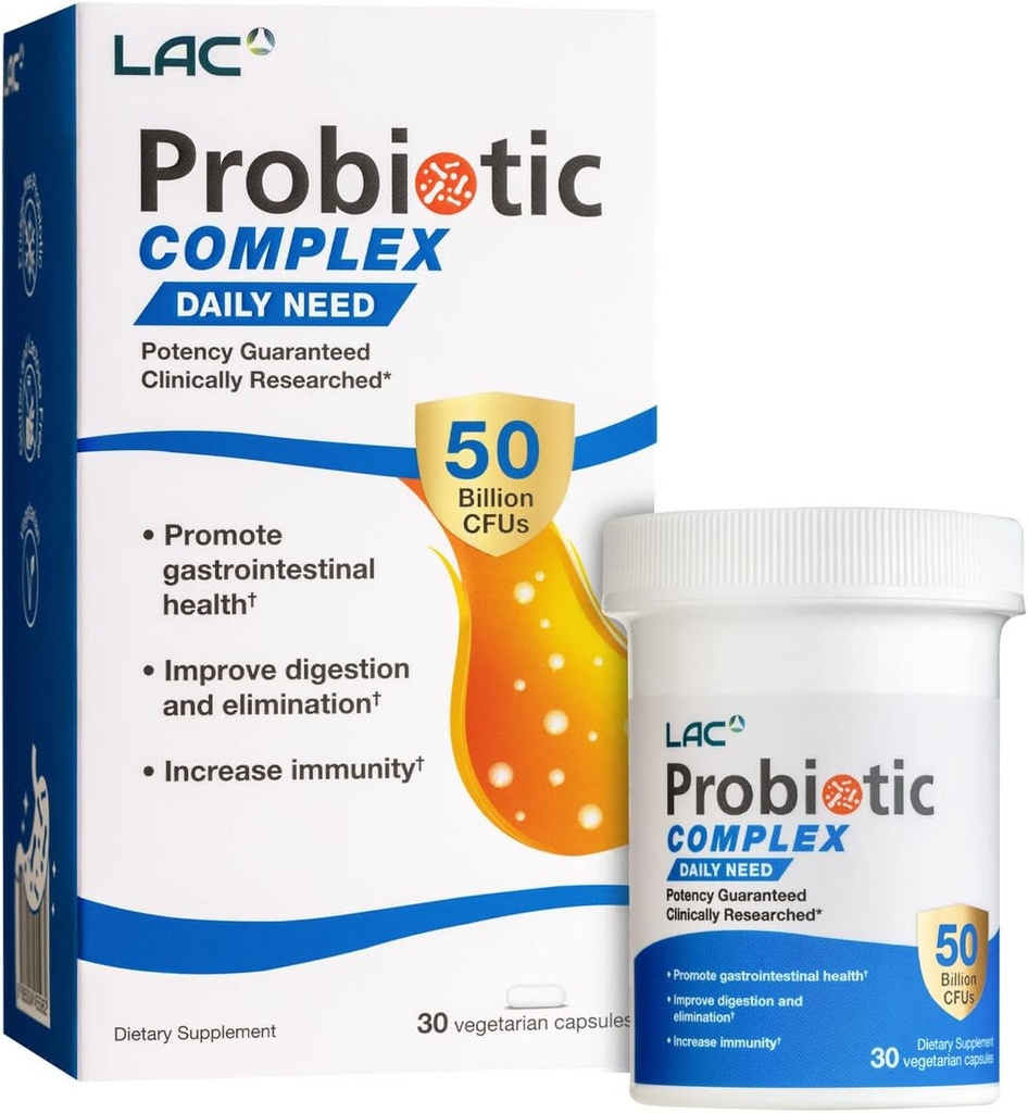 LAC Complejo Probiótico 50 Billones CFUs TENIDO Suplemento Digestivo TENIDO Probióticos activos para restaurar el equilibrio bacteriano intestinal, IBS Soporte (30 cápsulas vegetarianas)