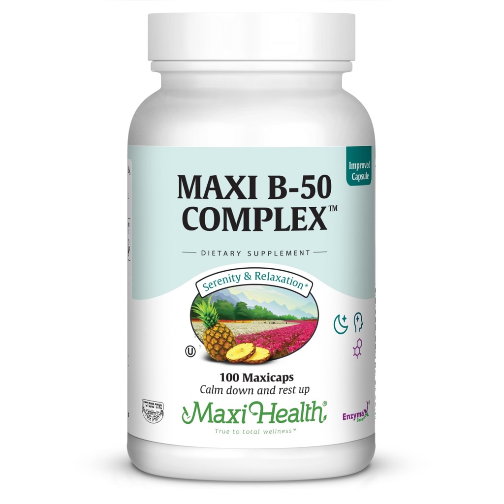 Complejo Maxi Health Vitamina B – High Potency B Complex Vitaminas B-50 con B1, B2, B3, B6, B12, Biotin & Folate – Soporte Celular Energy & Mental Clarity – Kosher – 100 cápsulas
