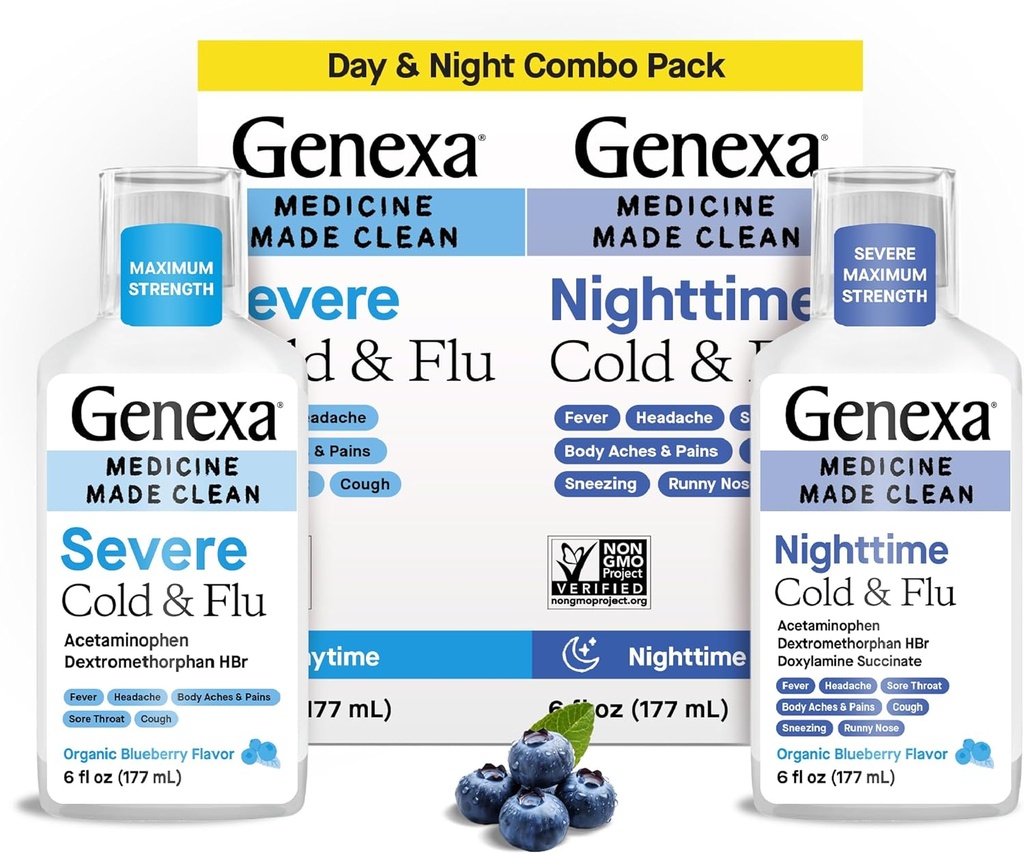 Genexa Clean Cold " Flu Daytime + Nighttime Severe Relief, Dye Free, 0% Artificial Additives, Acetaminophen Fever Reducer, Tos Suppressant, Antihistamine, Organic Blueberry Flavor, 12 fl oz (2 pack)