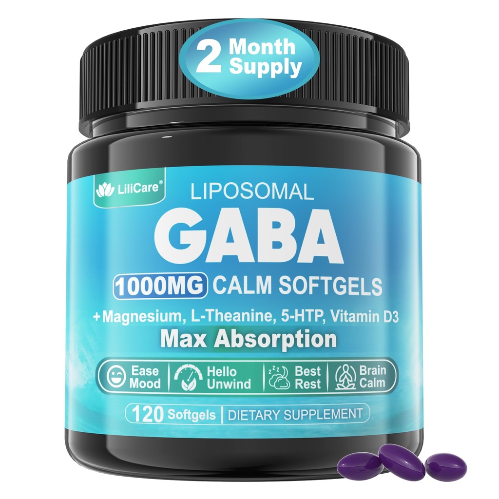 Suplemento GABA - 1000 mg Forma Liposómica para la Absorción Optimal, GABA con L-Theanine, Magnesium Glycinate, 5HTP, Vitamina D3 para la calma, la relajación, el humor, la noche de descanso - Melatonina-Free 120 Softgels.