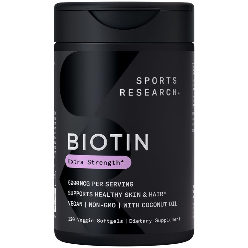 Sports Research® Biotin 5,000mcg con aceite de coco orgánico - Biotina (Vitamin B7) para la piel y el cabello saludables* - para mujeres y hombres - Vegan, No GMO, Gluten &amp; Soy-Free - 120 Veggie Softgels