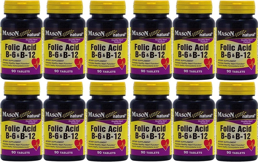 Masculino Vitaminas Folic Acid B-6 &amp; B12 Heart Health Fórmula 90 Tablets per Bottle Pack of 12 Total 1080 Tablets