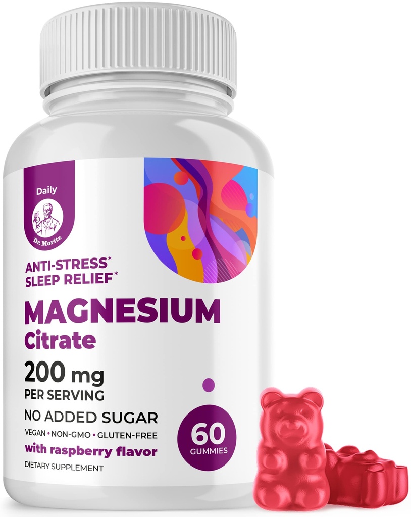 DR. MORITZ Magnesium Citrate Gummies for Adults - Gafas de Magnesio Calma Libre de Azúcar - Soporta una respuesta de estrés saludable - Raspberry Flavor - Non-GMO, 200 mg (60 Conde)
