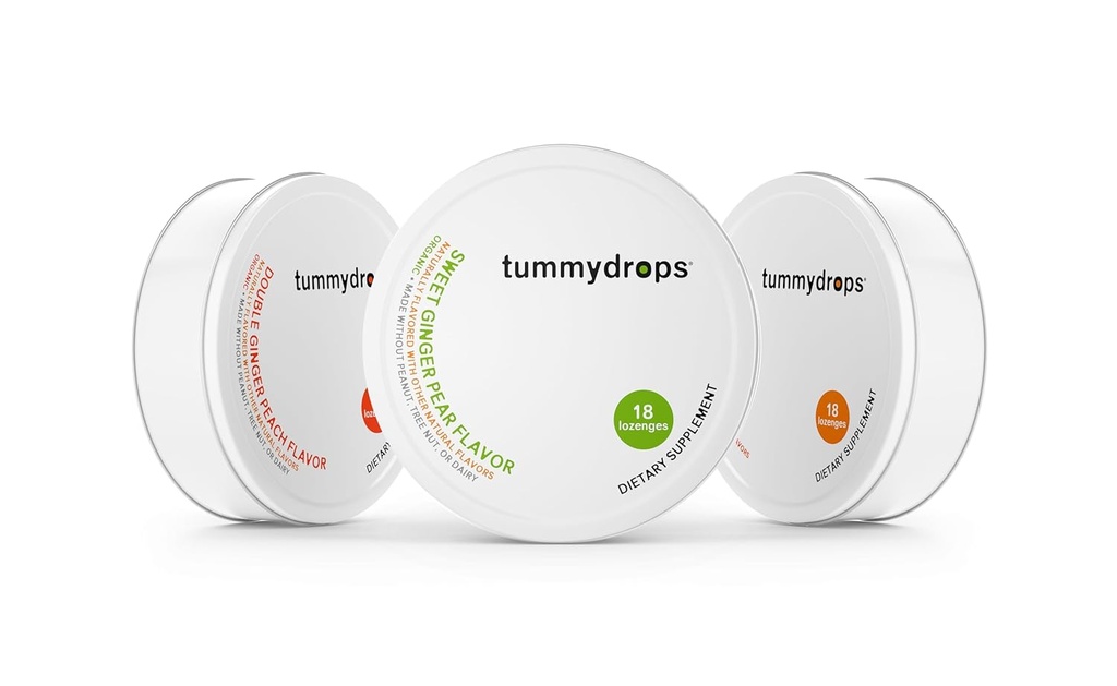 Tummydrops Organic Ginger Goodness Pack (1 lata cada Spicy Ginger, Sweet Ginger Pear, & Double Ginger Peach). Gluten Free & Vegan. 54 Lozenges de jengibre orgánico desgarrado individualmente.