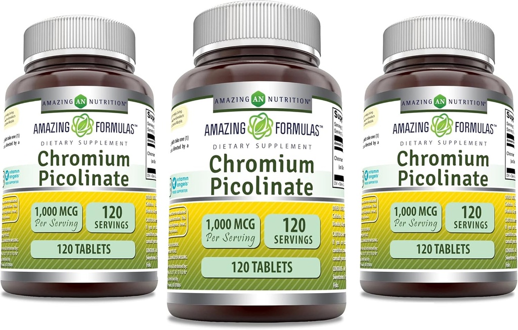 Fórmulas increíbles Chromium Picolinate TENIDO 1000 Mcg Tablets Suplemento TENIDO Non-GMO TENIDO Gluten Free TENIDO EN USA (3 Pack, 120 Cuenta)