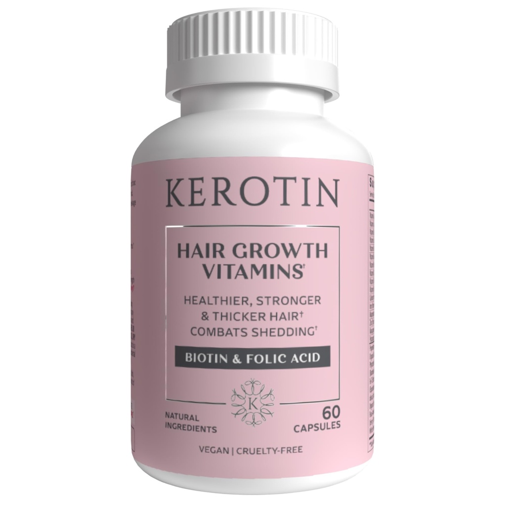 Kerotin Hair Growth Vitamins, Biotin Supplement, DHT Blocker, Collagen Stimulator, for Hair Loss Support, Nail & Skin Care, Incluye Saw Palmetto, Vitamina D3 &amp; Más - 60 pastillas (1 Month Supply)