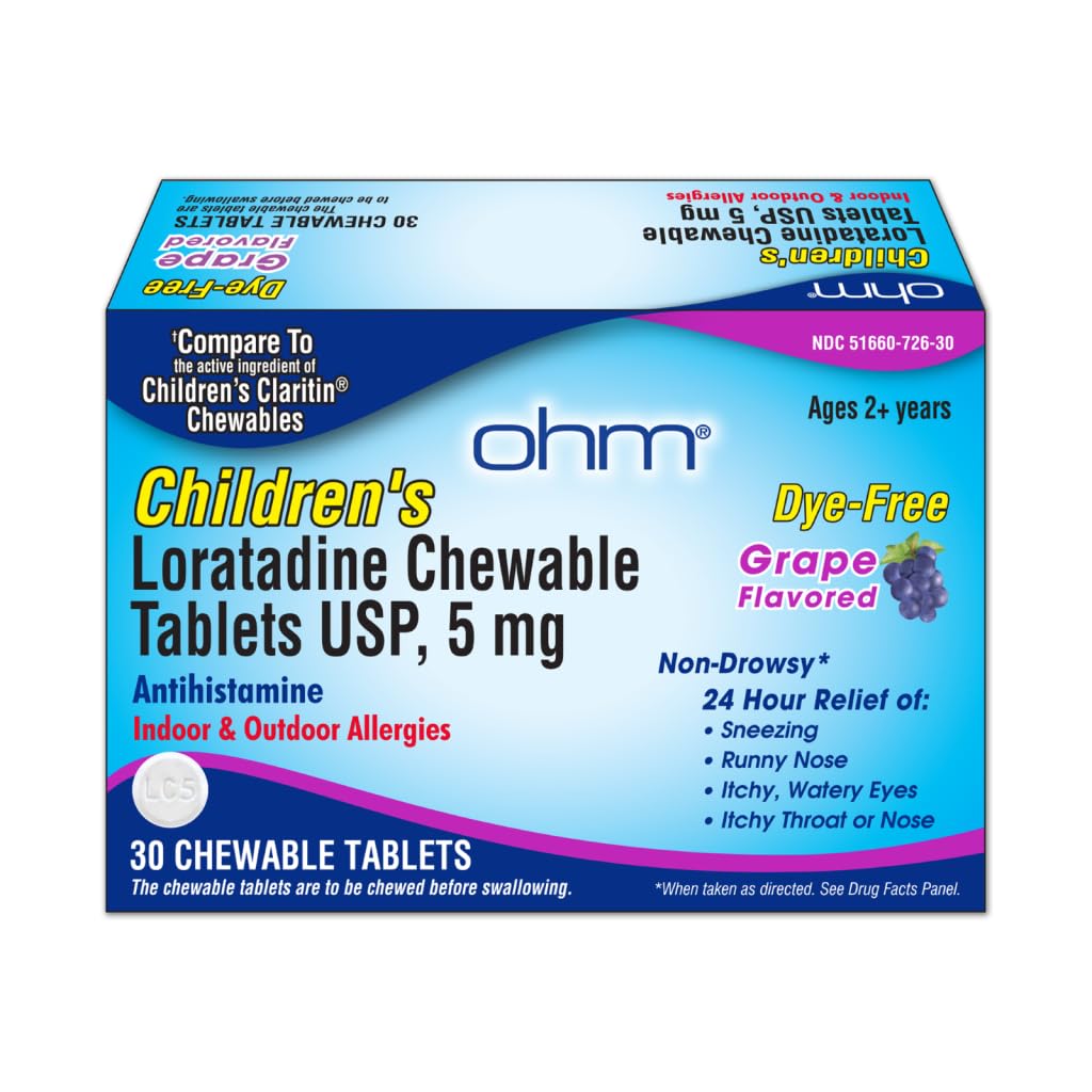 Alergia de Loratadina para niños de Ohm Tablas cortables - Dye Gratis, Sabor de uva, Alivio de 24 horas, Antihistamínico para Alergias al aire libre - 30 Tabletas