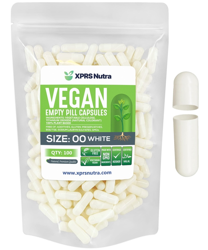 XPRS Nutra Size 00 Empty Capsules - 100 Count Empty Vegan Capsules - Vegetarian Empty Pills - DIY Vegetable Capsule Filling- Veggie Pill Caps (White)