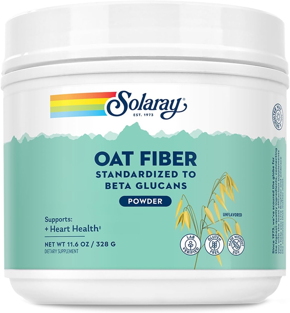 SOLARAY Fibra de avena - Soluble Fibra Suplemento Polvo - Estándarizado a Glucans Beta para el apoyo a la salud cardíaca - Sin sabor, sin gluten, Vegan, 60 días de garantía, Lab Verified - 30 Servimientos, 11.6oz
