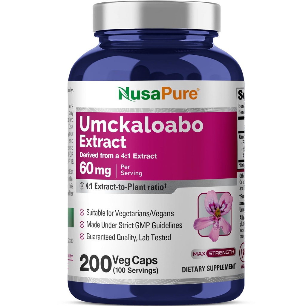 NusaPure Umckaloabo 4:1 Extracto, 60 mg Equivalente a 240 mg Veggie Caps 200 Conde (No-GMO, Vegan)