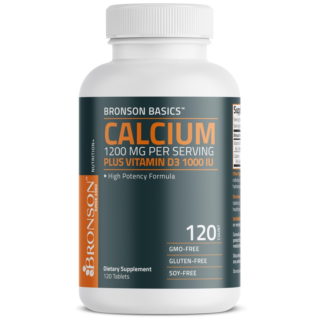 Bronson Calcium 1200mg Por Serving Plus Vitamina D3 1000 UI High Potency Formula, Non-GMO, 120 Tablets