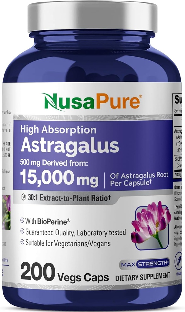 NusaPure Astragalus Root 30:1 Extracto, 500 mg Equivalente a 15.000 mg 200 cápsulas Veg Apto para vegetarianos y veganos, No GMO