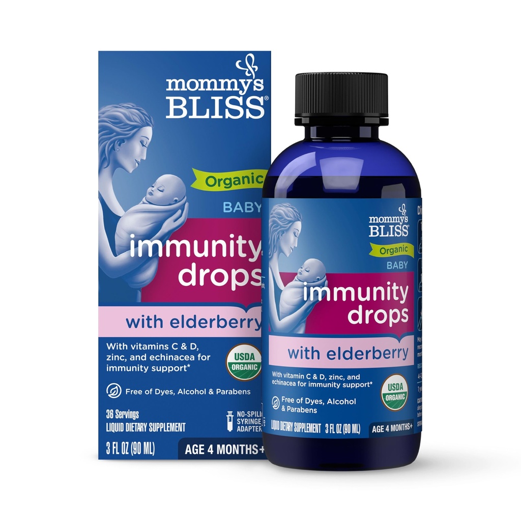 Mama's Bliss Organic Baby Elderberry Drops, Immune Support with Vitamins, Prebiotics, Zinc &amp; Organic Echinacea, Age 4 Months +, 3 Fl Oz (36 Servings)