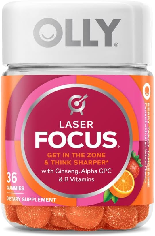 OLLY Collagen Gummy Rings, 30 Conde " Laser Focus Gummy, Ginseng, Alpha GPC, B Vitaminas, 36 Conde Bundle