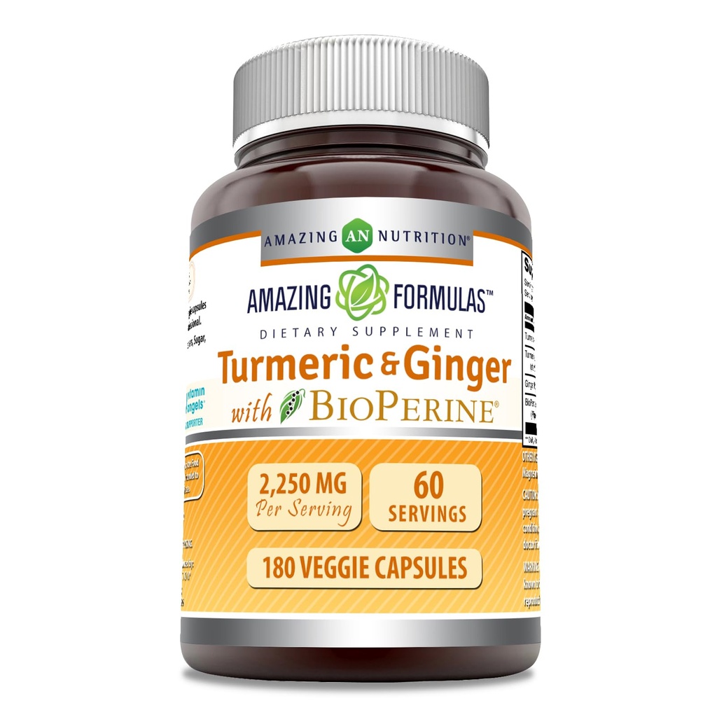 Amazing Formulas Turmeric Curcumin " Ginger with BioPerine 2250 mg Por Serving Veggie Capsules ← Non-GMO TEN Gluten Free TEN Made in USA ← Ideal para Vegetarianos (180 Conde)