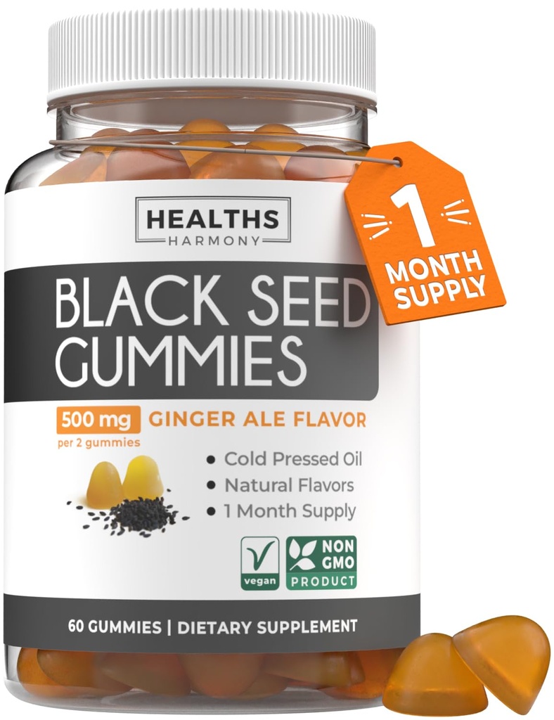Black Seed Oil Gummies - Natural Ginger Ale Flavor (No-GMO & Vegan) Cold-Presed Nigella Sativa Producing Pure Black Cumin Seed Oil - 500mg Por 2 Gummy Serving