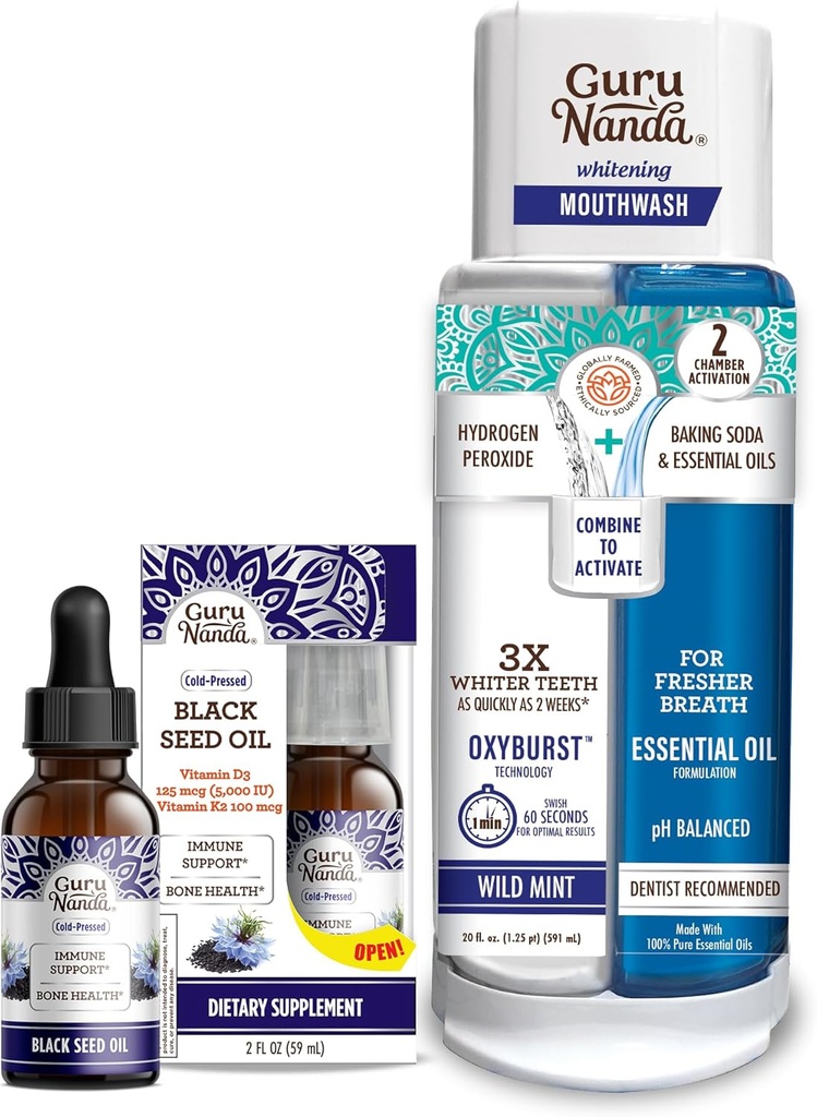 GuruNanda Black Seed Oil, Cold-Presed Nigella Sativa - Rich in Vitamin D3 5000 Units, K2 & E & Dual Barrel Oxyburst Whitening Mouthwash - Contains Hydrogen Peroxide