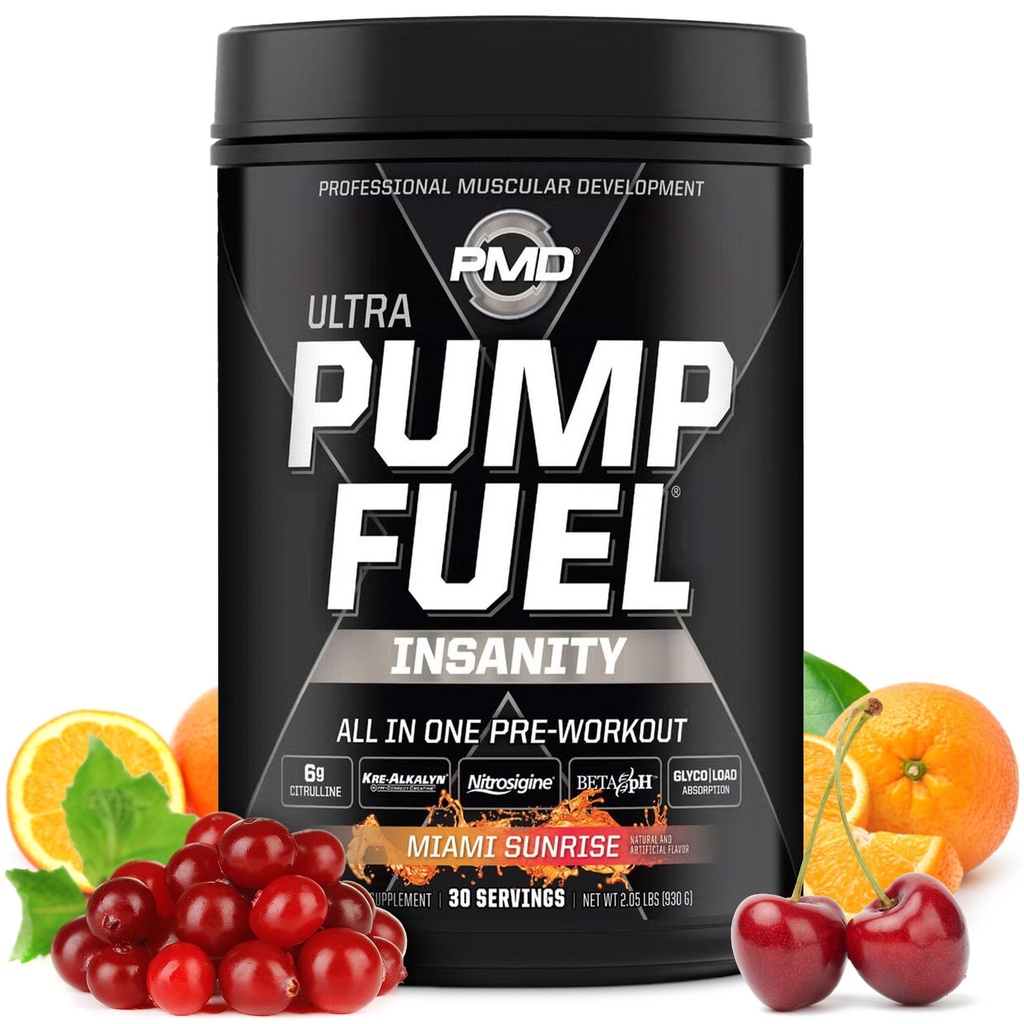 PMD Sports Pump Fuel Ultra Insanity - Premium Pre Workout Powder &amp; Muscle Pump, Greater Focus, Endurance & Recovery, Premium Creatine, Arginine & Beta Alanine - Miami Sunrise (30 Servings)