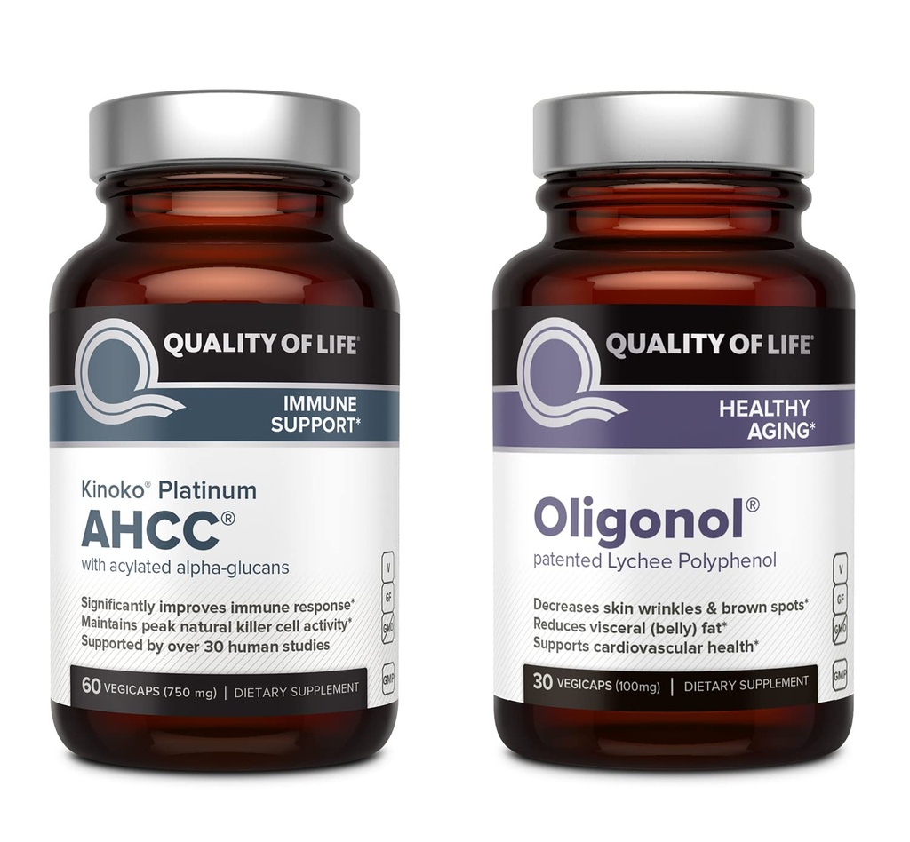 Calidad de vida Kinoko Platinum AHCC 750 mg y Oligonol Lychee Extracto - para soporte inmunitario, envejecimiento saludable