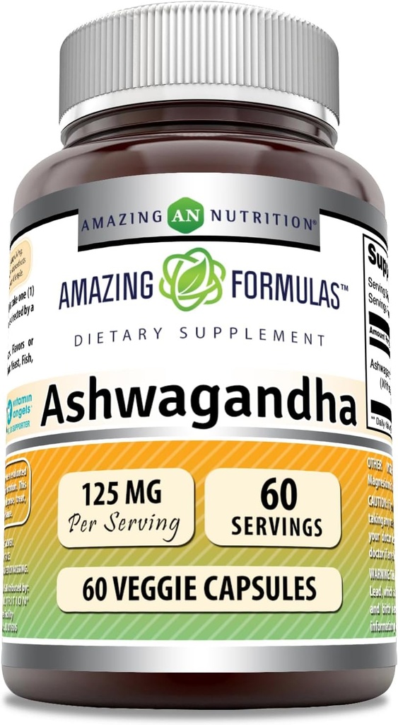 Fórmulas asombrosas Ashwagandha Extracto Suplemento Silencio 125 Mg Por Serving Silencio Veggie Capsules Silencio No-GMO Silencio Gluten Gratis Silencio Made in USA (1 Pack, 60 Cuenta)