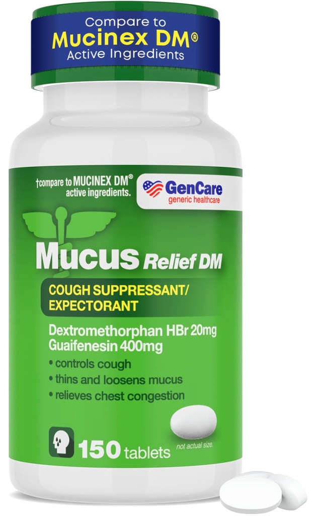 GenCare - Mucus Relief DM (150 Contable Value Bottle) Dextromethorphan HBr 20mg Guaifenesin 400mg ← Genérico Mucus Relief DM ← Inmediatamente Liberación Tos Uncoated &amp; Mucus Expectorant Pill
