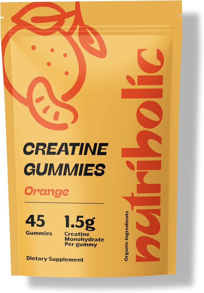 Gummies de Monohidrato de Creatina para Hombres y Mujeres - Fácil de digerir, Vegan, Libre de gluten, No-GMO, 1,5g de Creatina por Gummy - 45ct (45 Conde, Orange)