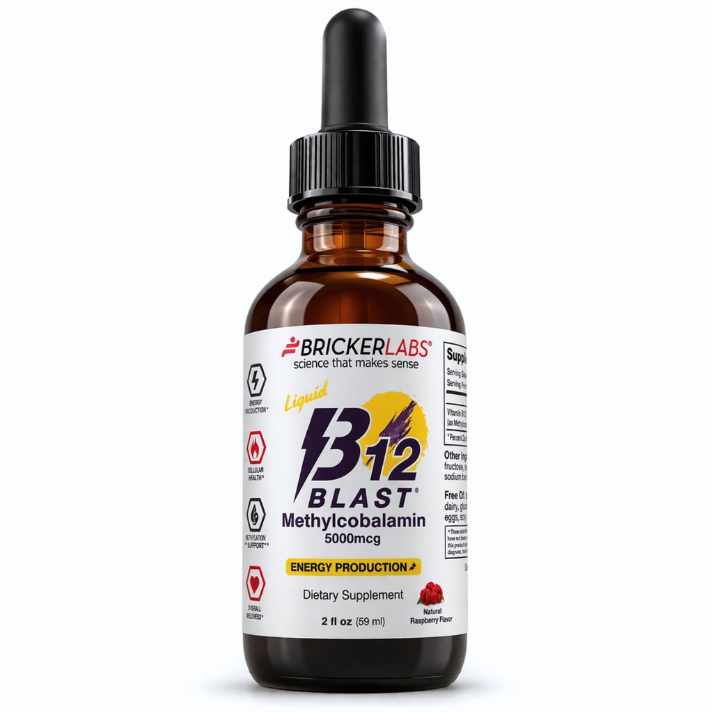 Bricker Labs B12 Blast Methylcobalamin 5000mcg, Great Tasting Sublingual Liquid Energy Vitamins -Vegan B12 Vitaminas, Sustained Energy and Cellular Health Supplement - 59-Day Servings