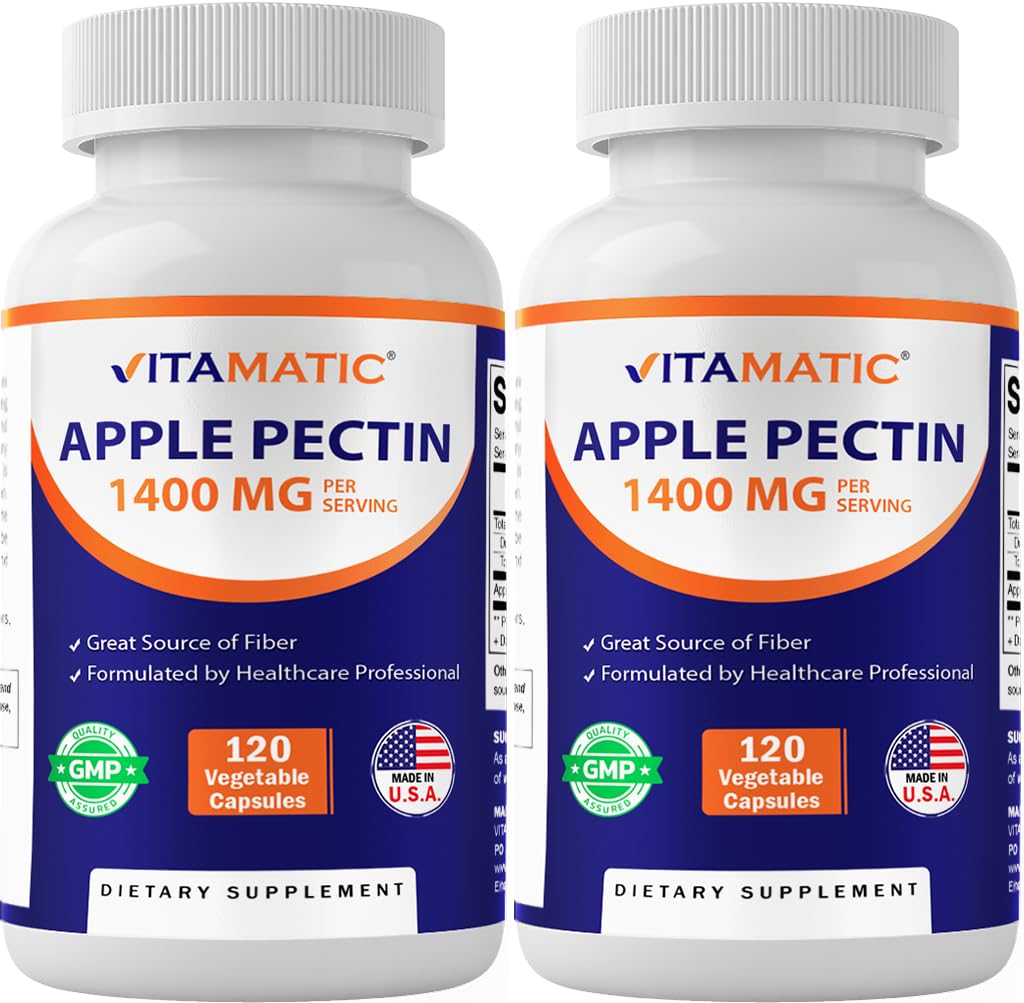 Vitamatic Apple Pectin 700mg – 120 cápsulas vegetarianas por botella ← 2-Pack (240 cápsulas vegetarianas) Suplemento de fibra dietética natural – apoya la salud digestiva y la regularidad*