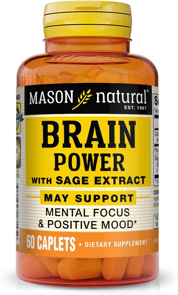 MASON NATURAL Brain Power with Sage Extract " Calcium, Daily Supplement for Normal Mental Focus " Mood Support, 60 Day Supply