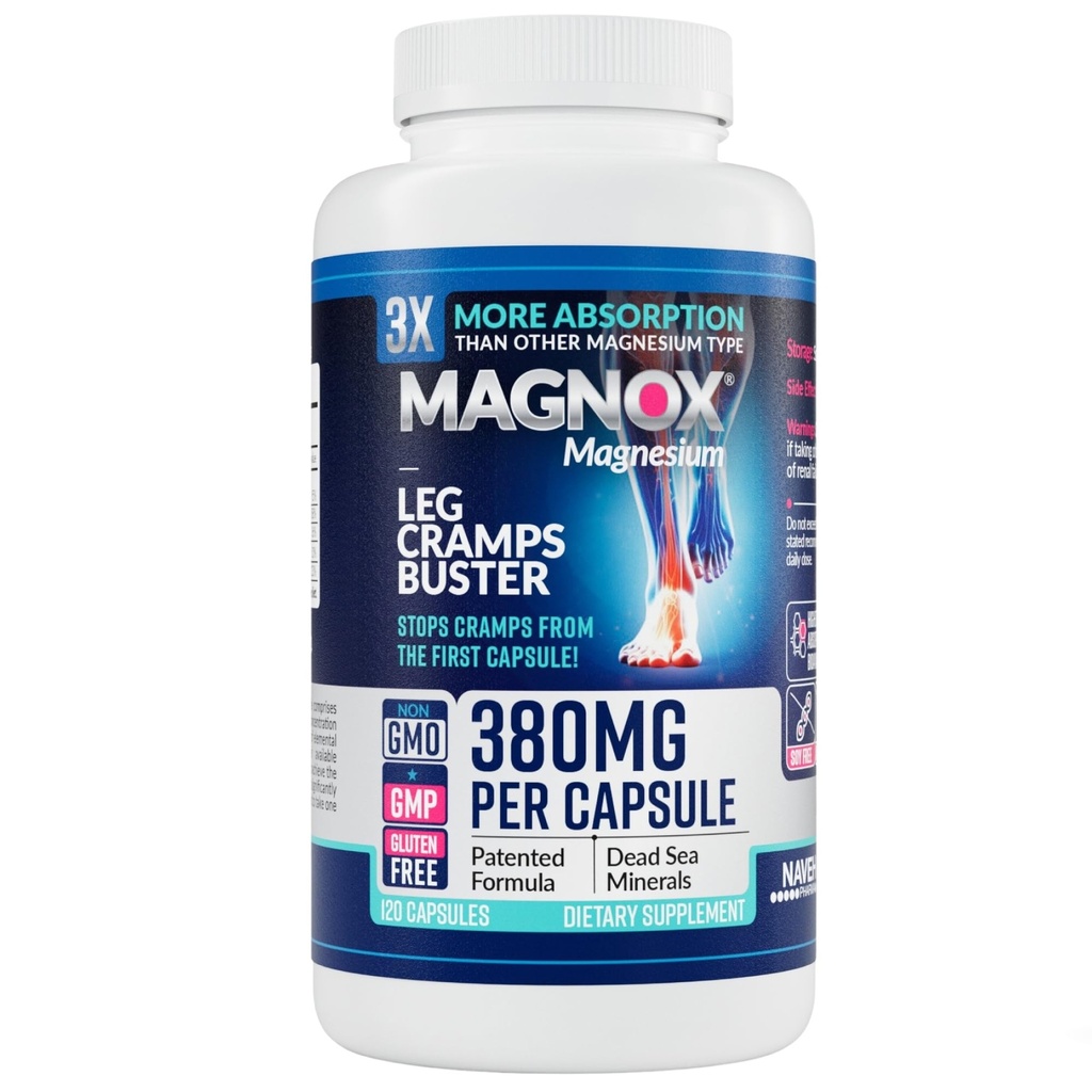 MAGNOX® Leg Cramps Buster  380mg Magnesium for Leg Cramps at Night TEN Magnesium Supplement for Muscle Spasms ANTE 3X Más Absorption  durable Dead Sea Minerals TENIDO Sleep &amp; Muscle ← 120 Caps