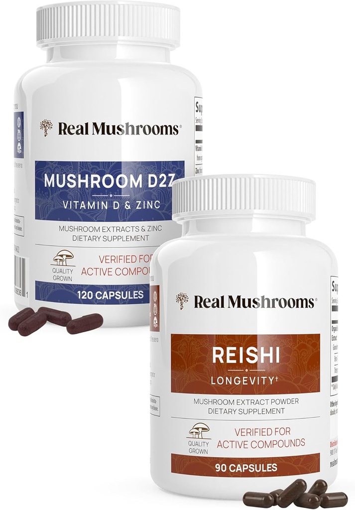 Setas Reales Vitamina D2, Zinc (120ct) y Reishi 415 (90ct) Bundle con Chaga - Apoyo natural para la inmunidad, mejor sueño y relajación - Vegan, Gluten Gratis, No GMO, Extractos de seno orgánico
