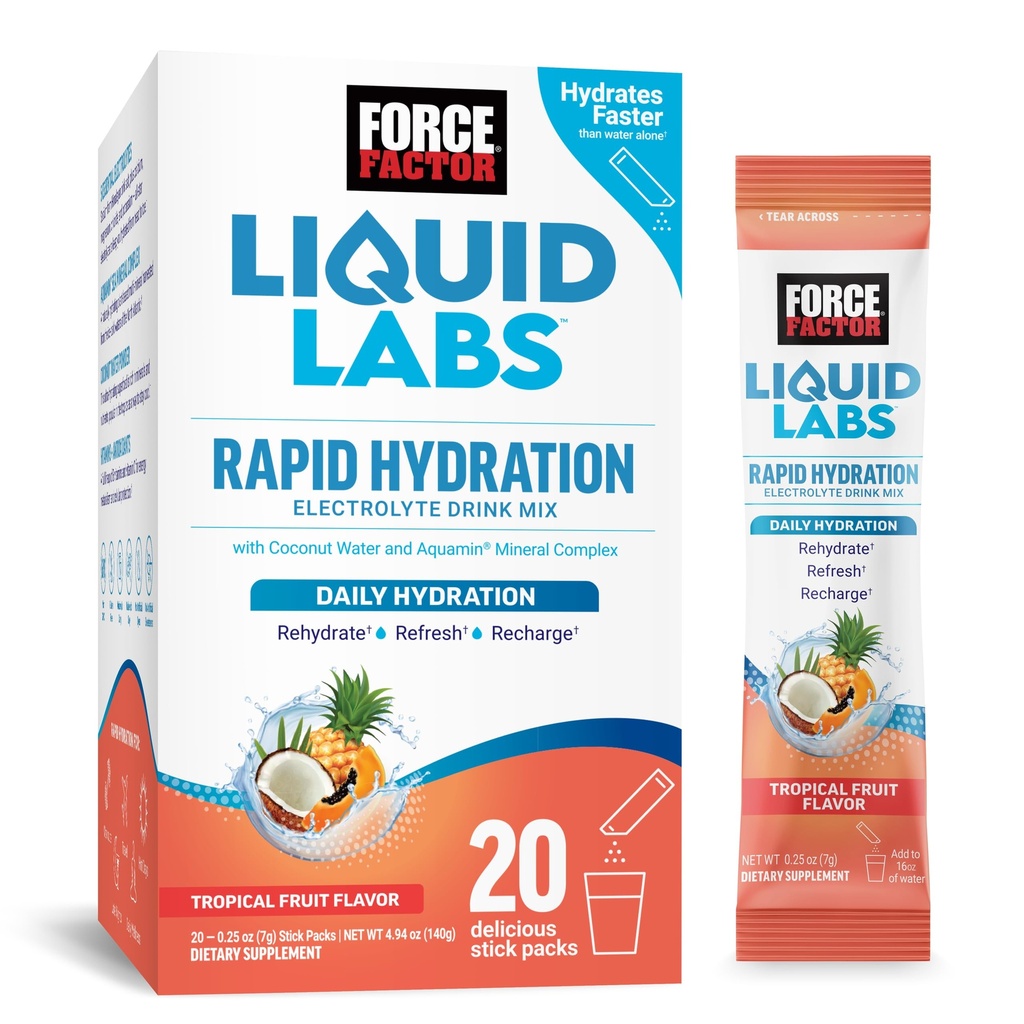 FORCE FACTOR Líquidos Laboratorios Electrolitos Empaquetaduras de Polvo – Frutas Trópicas – Packs de hidratación para hacer agua electrolítica, con 5 electrolitos esenciales, vitaminas, minerales y antioxidantes, 20 paquetes de palillos
