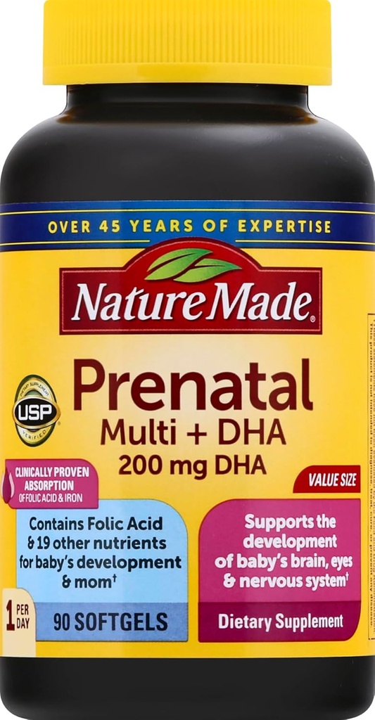 Vitamina prenatal + DHA Softgel con ácido fólico, yodo y zinc, 90 Cuenta