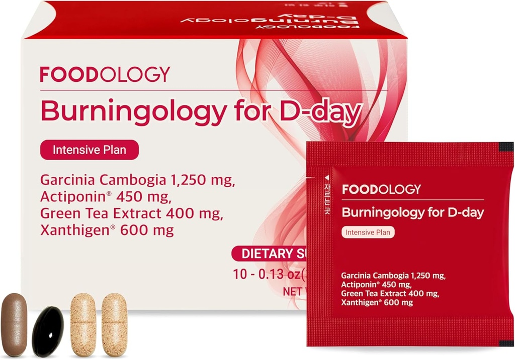 FOODOLOGY Burningology D-Day, Appetite Suppressant for Women &amp; Men, Boost Mood, Support Weight Loss and Burn Calories, Garcinia Cambogia Suplemento, Green Tea Extract - 10 Packets
