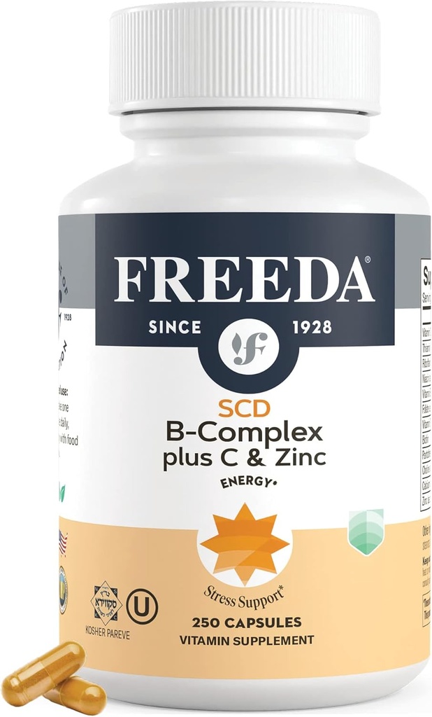FREEDA Complejo B completo con vitamina C " Zinc – Complejo de vitamina B legal SCD (B1, B2, B3, B6, B12) – 250 cápsulas vegetarianas, adecuado para todos incluyendo seguidores de dieta SCD, soporte diario de salud