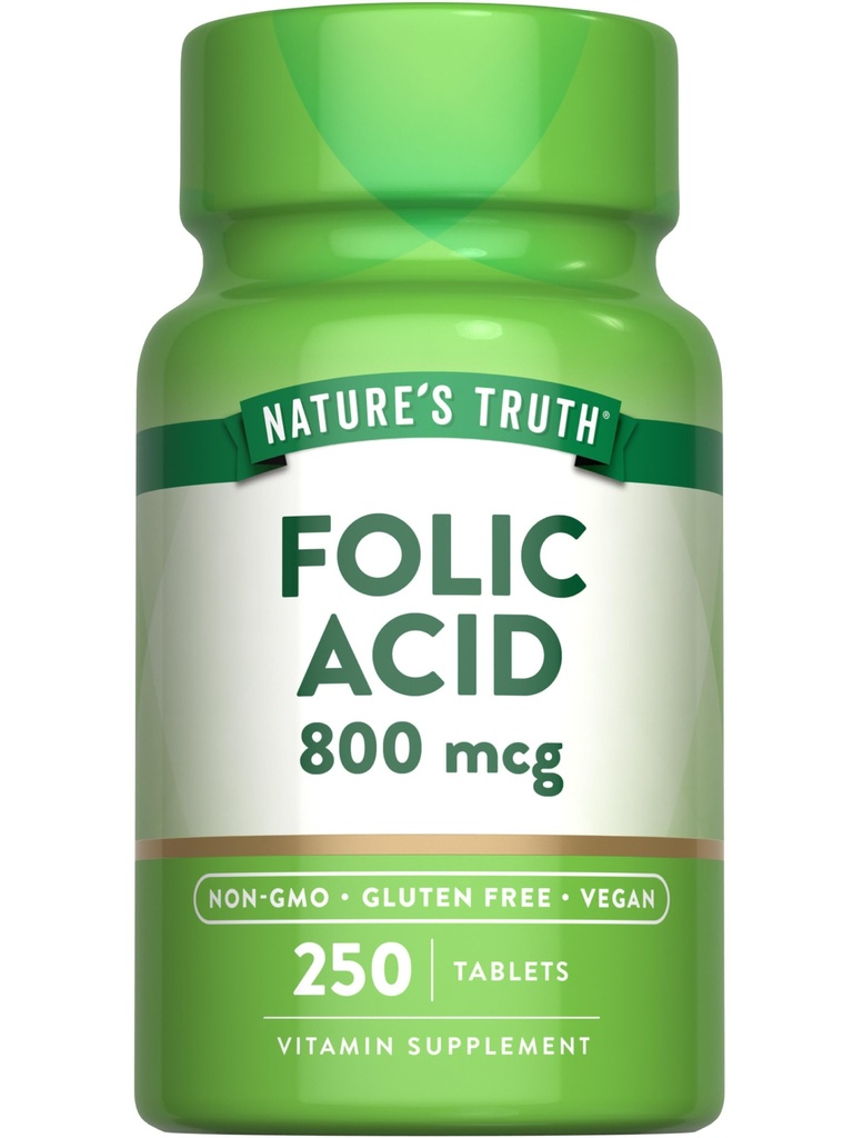 Verdad de la naturaleza Ácido fólico TENIDO 800 mcg ANTE 250 Tablets TEN Vegan, No GMO &amp; Gluten Suplemento gratuito