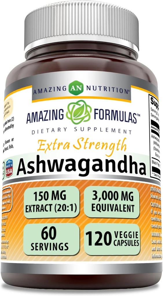 Fórmulas asombrosas Ashwagandha Extracto Suplemento Silencio 150 Mg Extracto (20:1) Silencio Equivalente a 3000 Mg Silencio Veggie Capsules ← Non-GMO TEN Gluten-Free TEN Made in USA (120, Count)