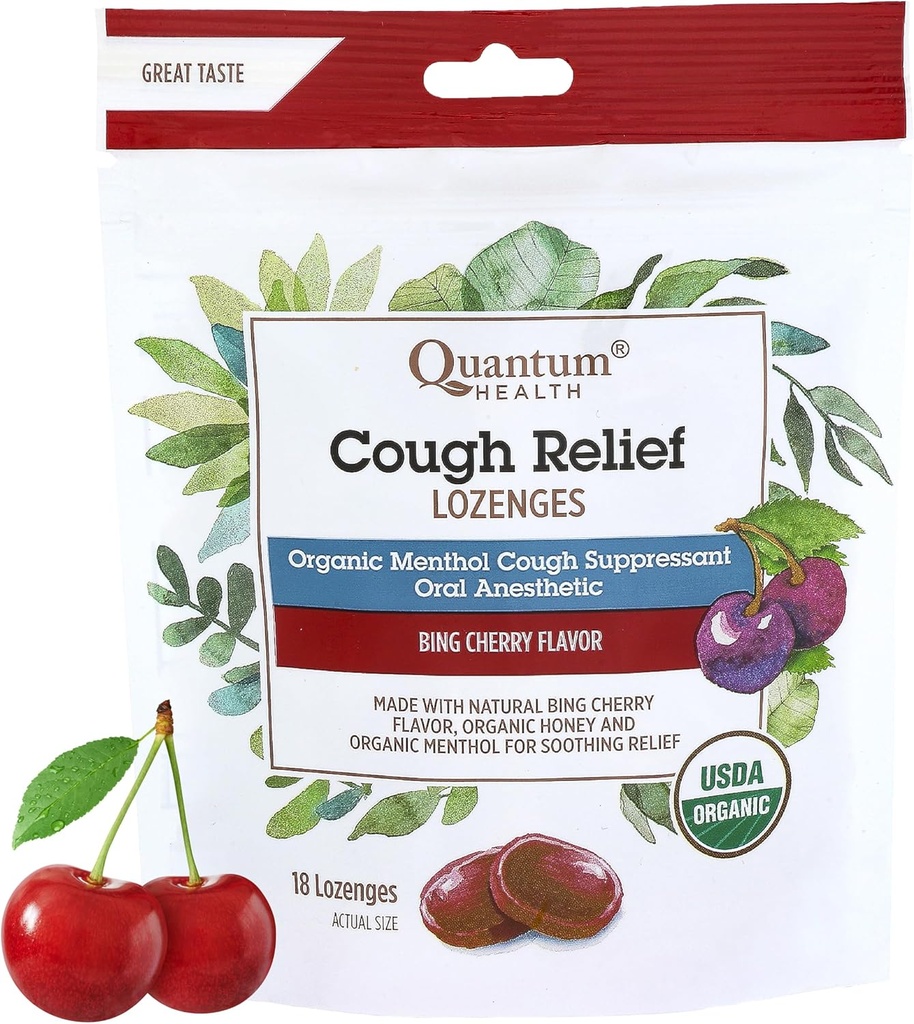 Quantum Health USDA Organic Cough Drops Menthol &amp; Honey Throat Lozenges - Soothing Bing Cherry Flavored Suppressant - Dry Mouth & Sore Throat Relief for Adults &amp; Kids - 18 Condes