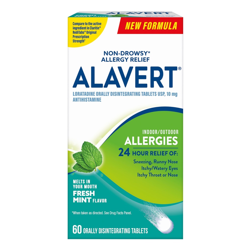 Alivio a la alergia 24 horas, Sabor de la menta fresca, Tablas de alergias desintegradas oralmente, Antihistamínico no somnoliento, Loratadine 10mg, 60 Conde